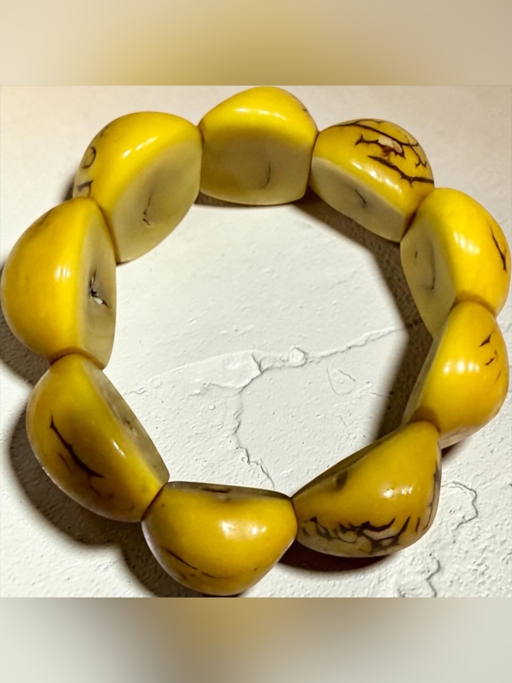 VTG 1970’s Yellow Tagua Nut Chunky Boho Bracelet Amazon Rain Forest Peru Region